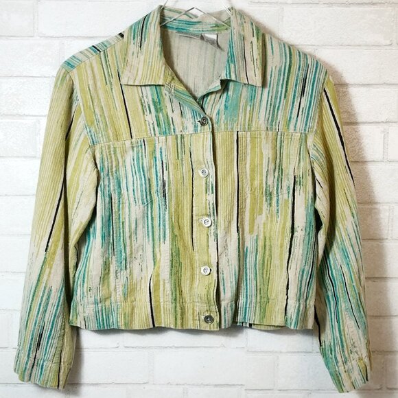 Chico's Linen Blend Green Blue & Cream Striped Button Crop Jacket Women's Size 1 - Picture 1 of 3